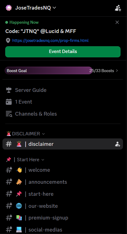 JoseTradesNQ Discord server overview with active community event